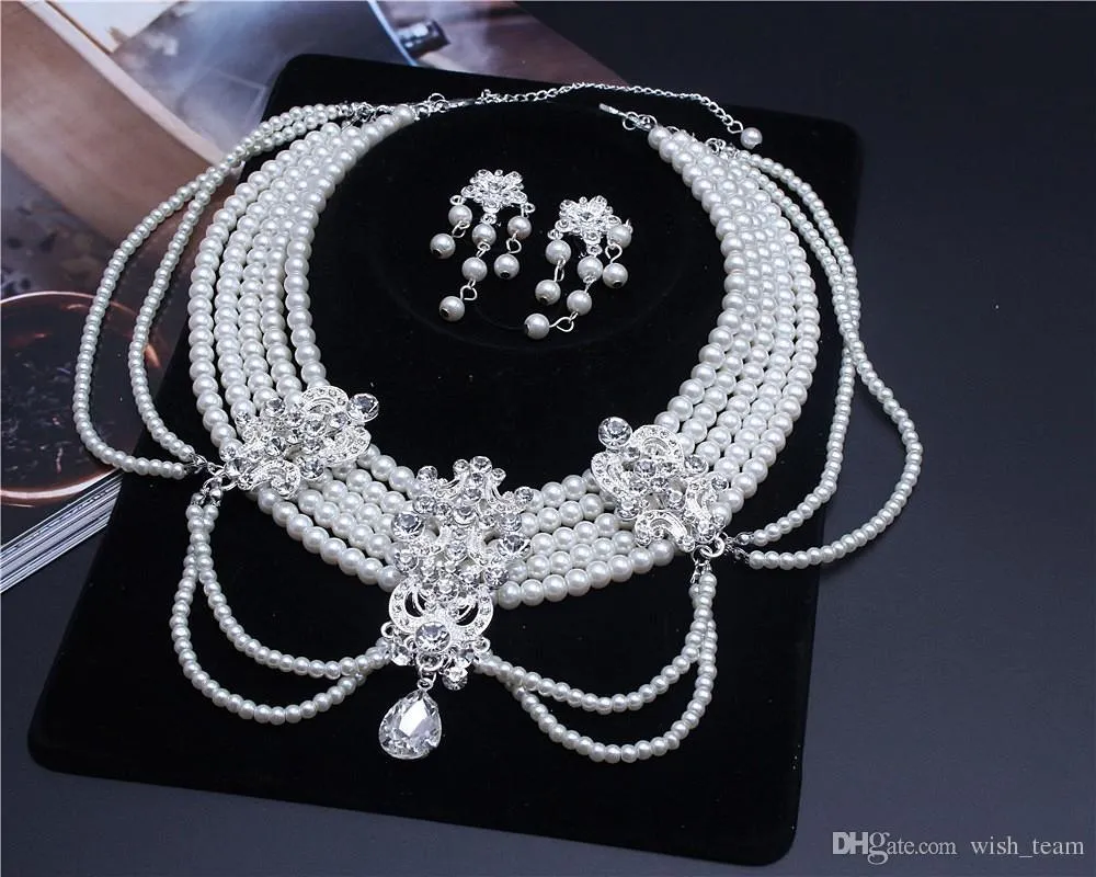 Silver crystal rhinestone pearl Wedding Bridal choker necklace earring Jewelry Set