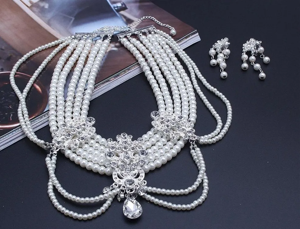 Silver crystal rhinestone pearl Wedding Bridal choker necklace earring Jewelry Set