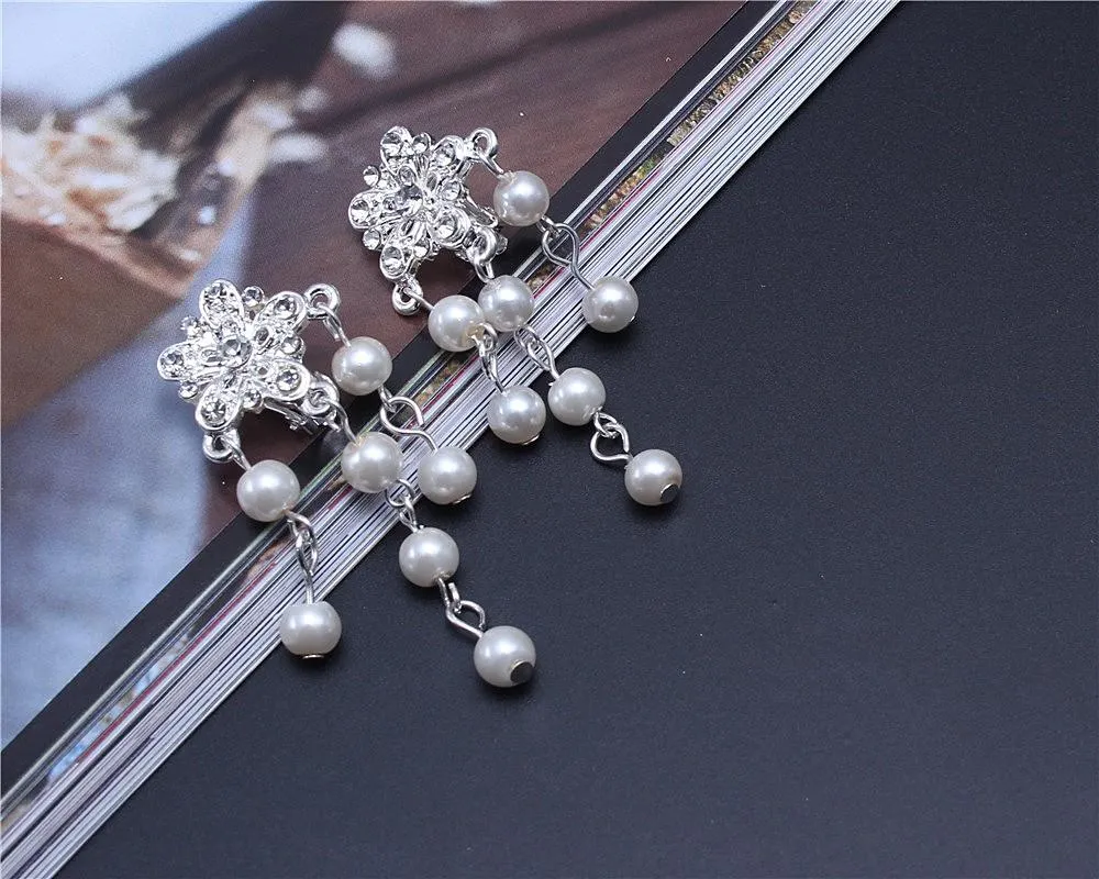 Silver crystal rhinestone pearl Wedding Bridal choker necklace earring Jewelry Set
