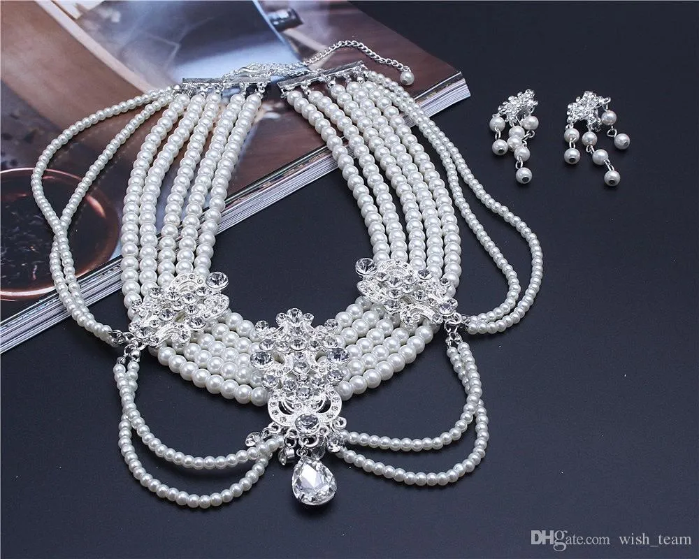 Silver crystal rhinestone pearl Wedding Bridal choker necklace earring Jewelry Set
