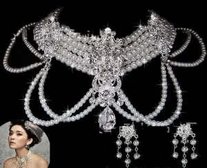 Silver crystal rhinestone pearl Wedding Bridal choker necklace earring Jewelry Set