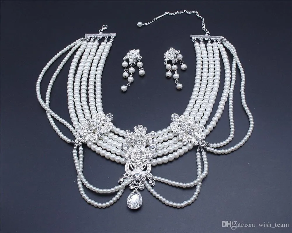 Silver crystal rhinestone pearl Wedding Bridal choker necklace earring Jewelry Set