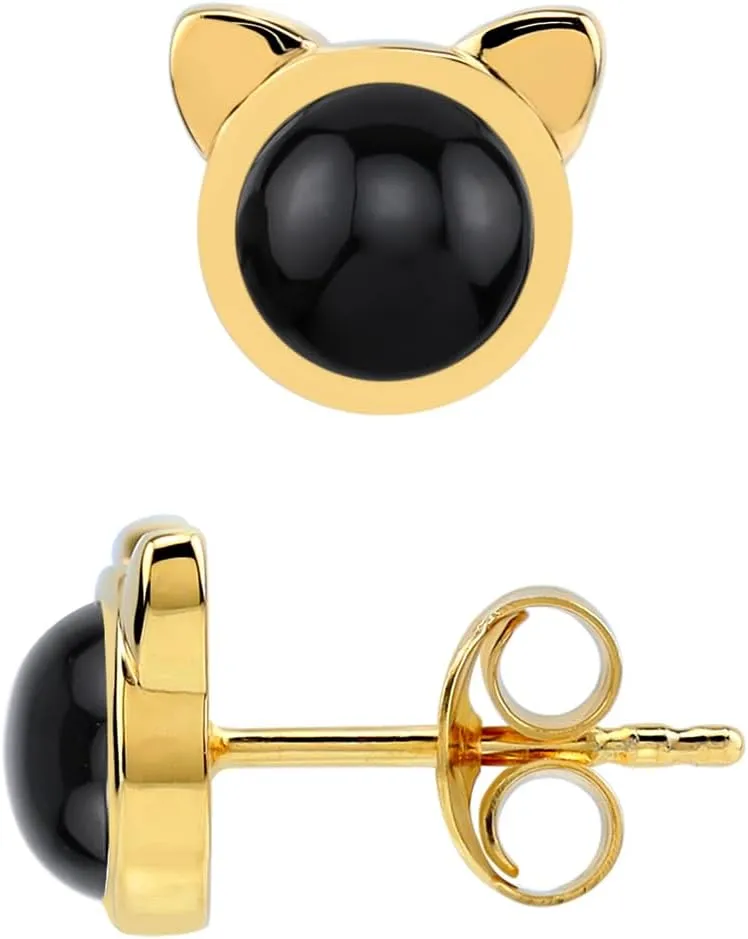 Silvershake 6MM Round Shape Cabochon Gemstones White Gold Plated or Yellow Gold Plated 925 Sterling Silver Cat Face Pet Cute Stud Earrings Jewelry for Women or Teens