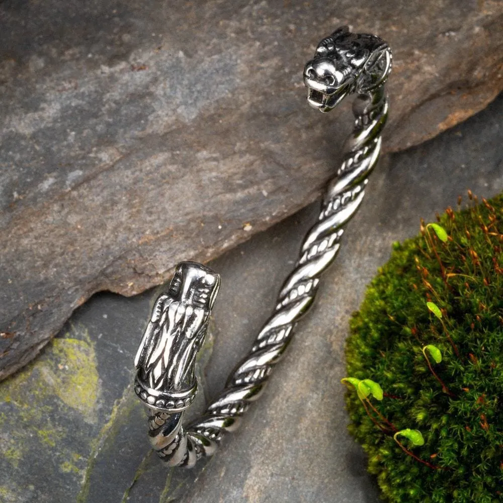 Stainless Steel Beaded Spiral Wolf Head Torc Bracelet