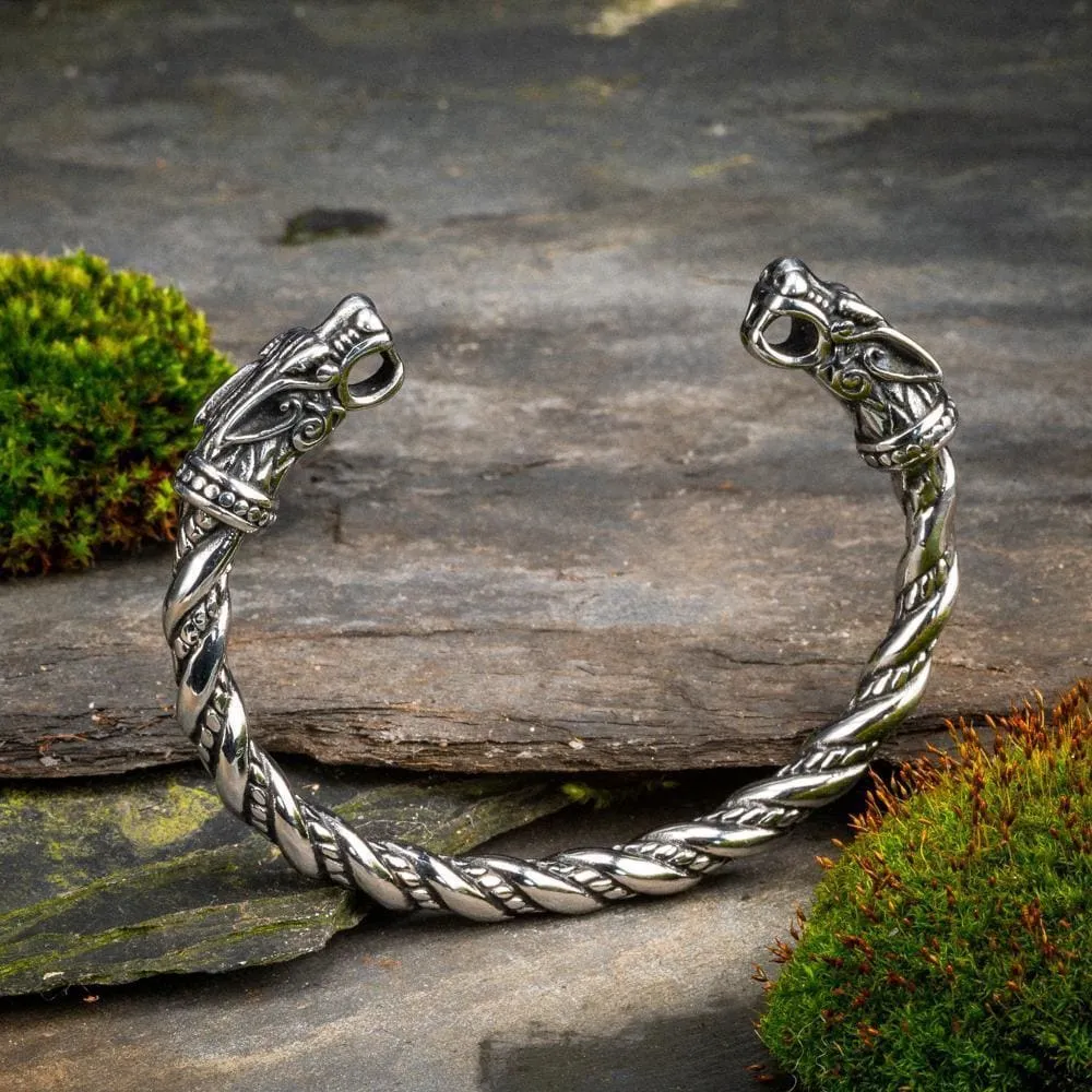 Stainless Steel Beaded Spiral Wolf Head Torc Bracelet