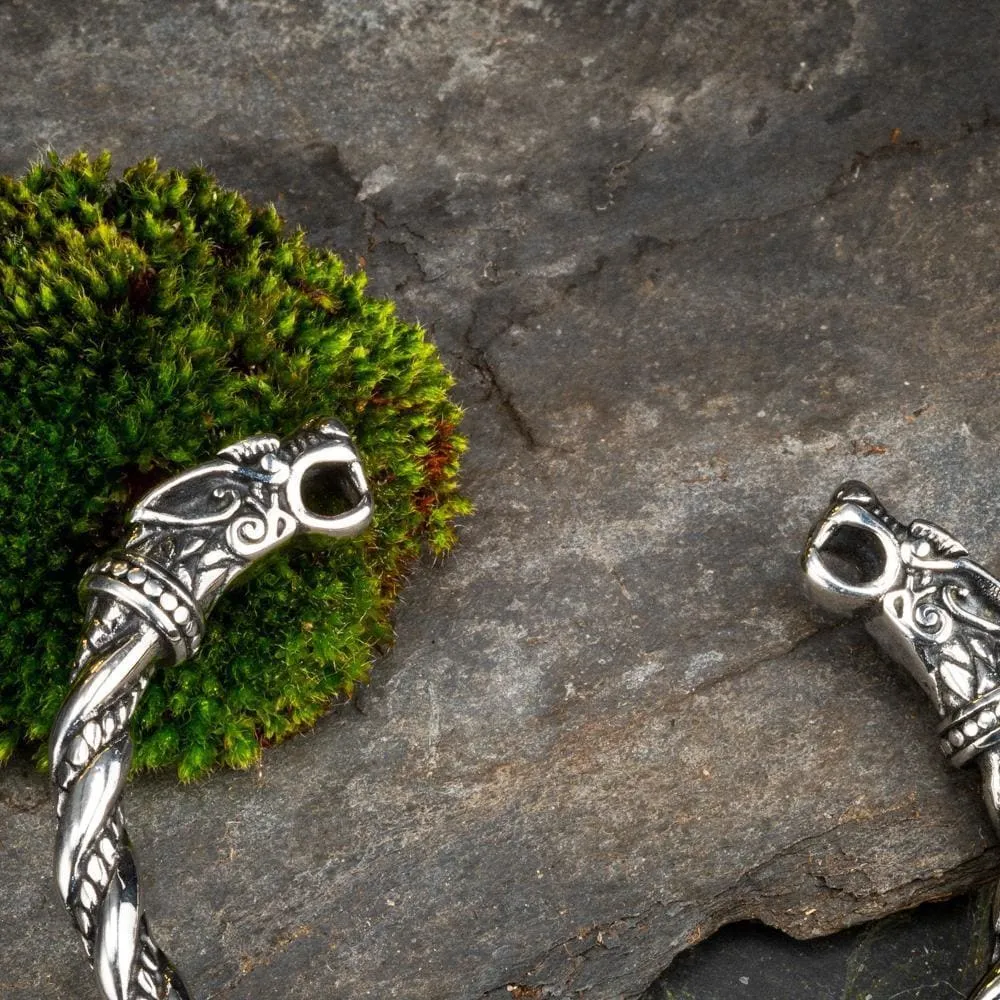 Stainless Steel Beaded Spiral Wolf Head Torc Bracelet