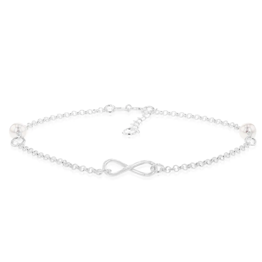 Sterling Silver Infinity And White Bead On 27cm Anklet