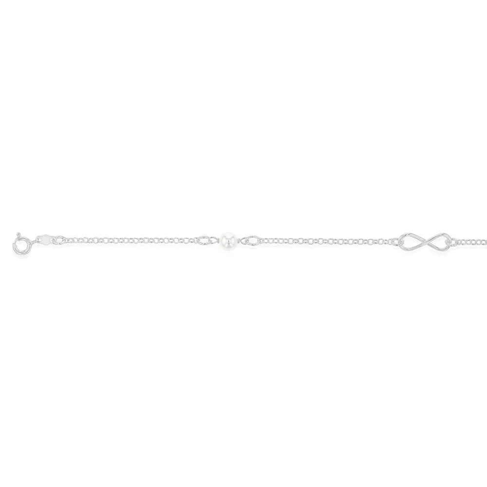 Sterling Silver Infinity And White Bead On 27cm Anklet