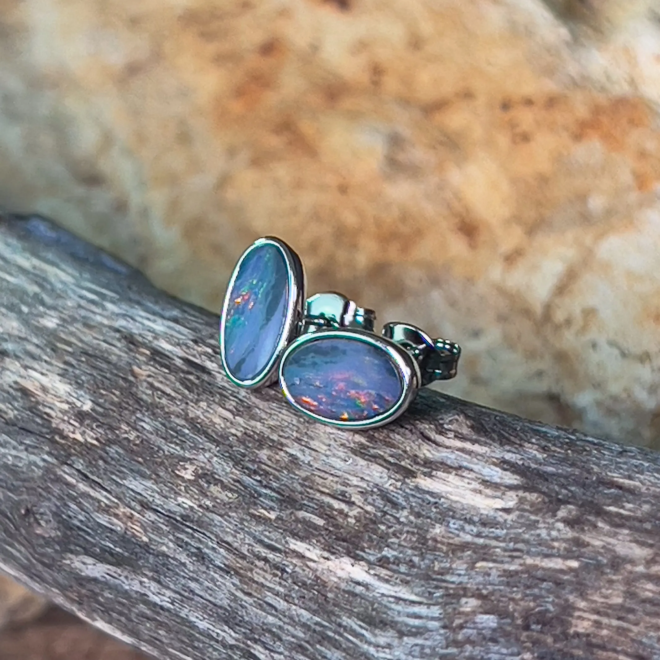 Sterling Silver Opal doublet 9.5x5.5mm oval studs