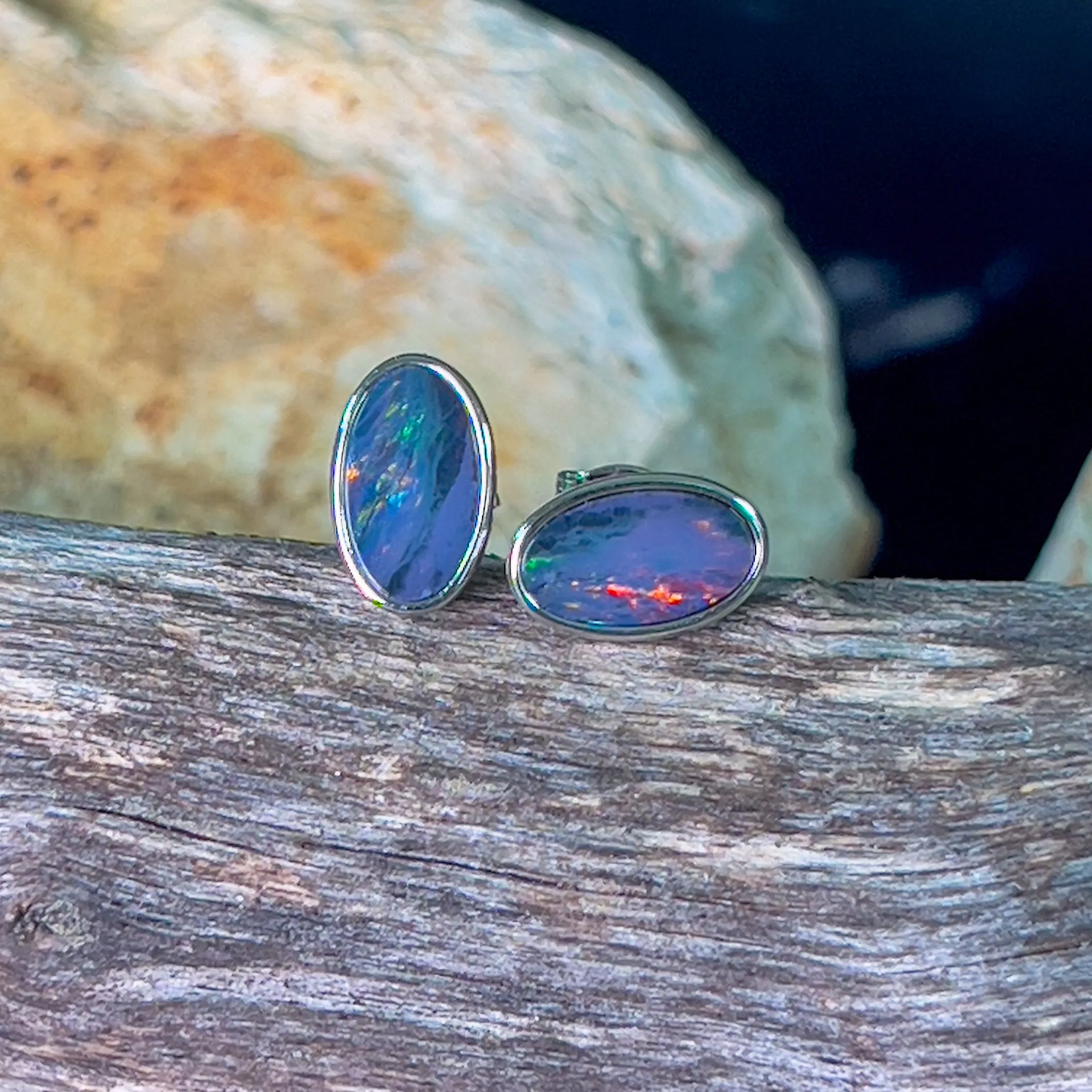 Sterling Silver Opal doublet 9.5x5.5mm oval studs
