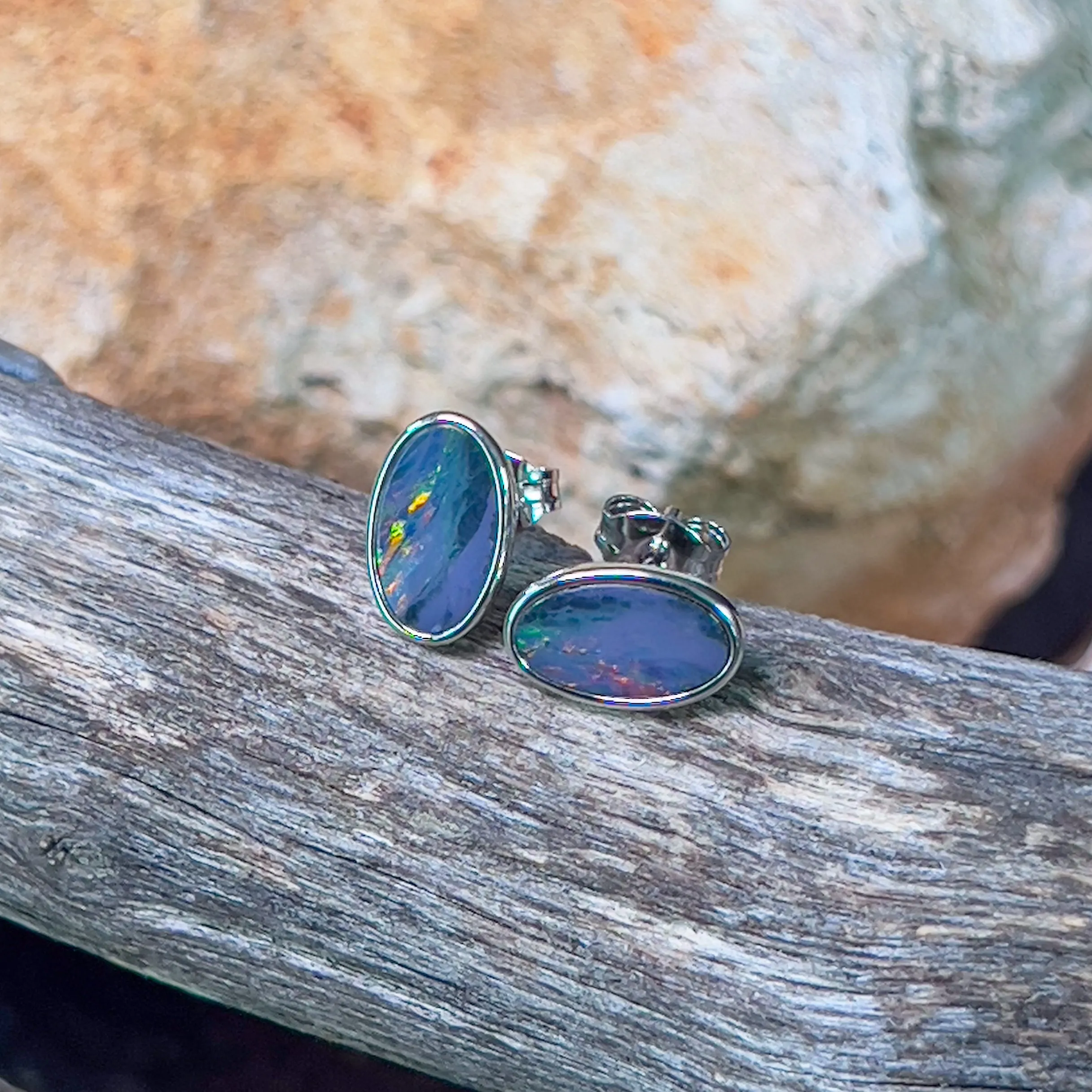 Sterling Silver Opal doublet 9.5x5.5mm oval studs