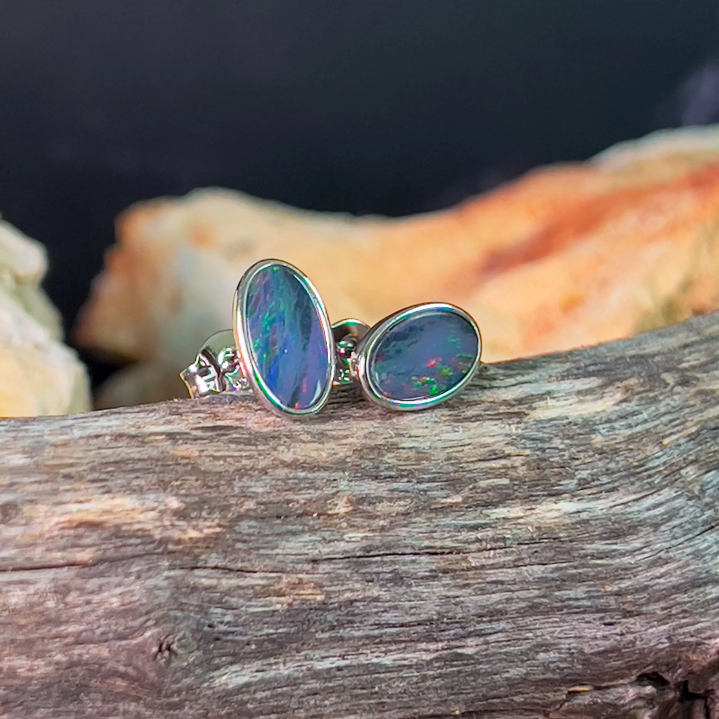 Sterling Silver Opal doublet 9.5x5.5mm oval studs