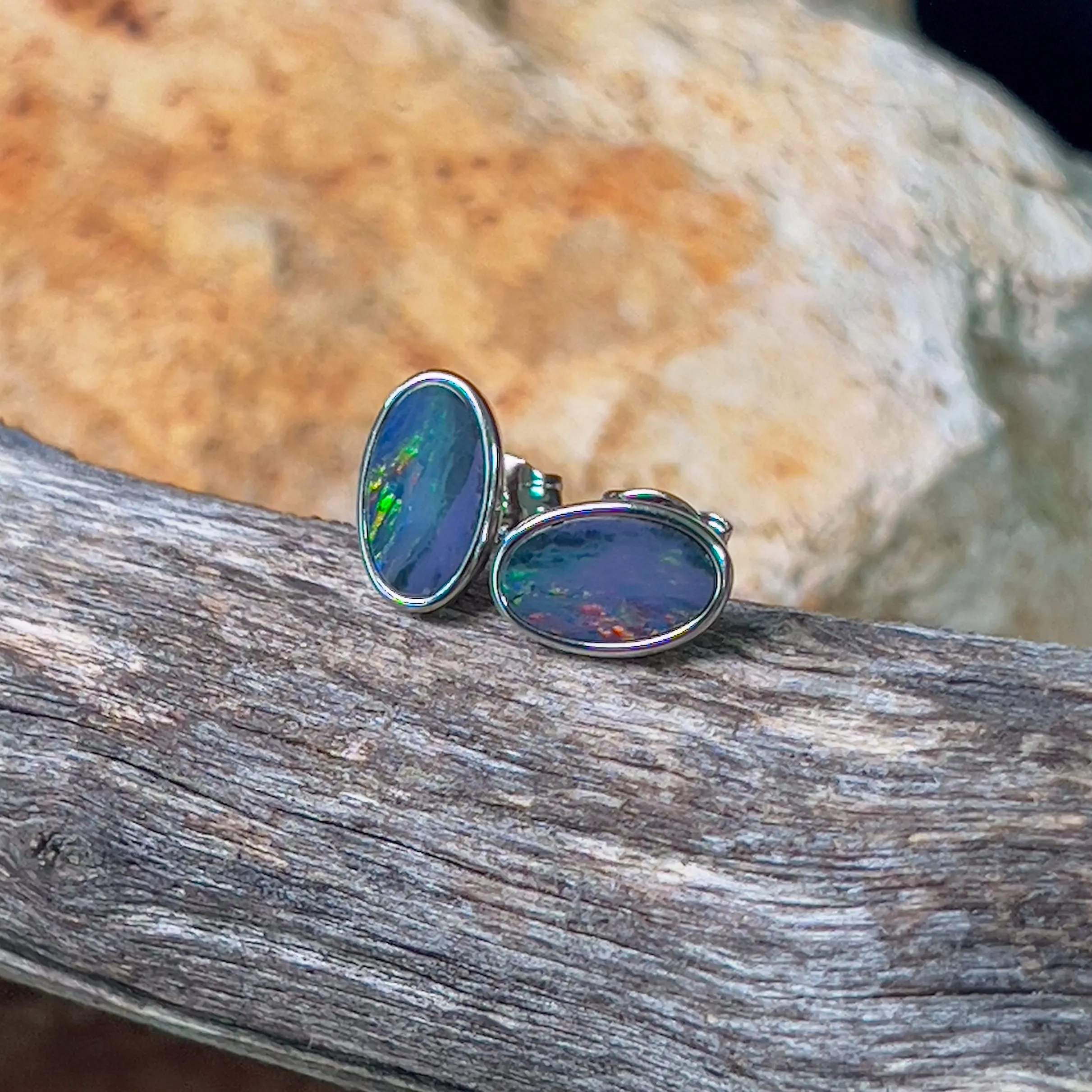 Sterling Silver Opal doublet 9.5x5.5mm oval studs