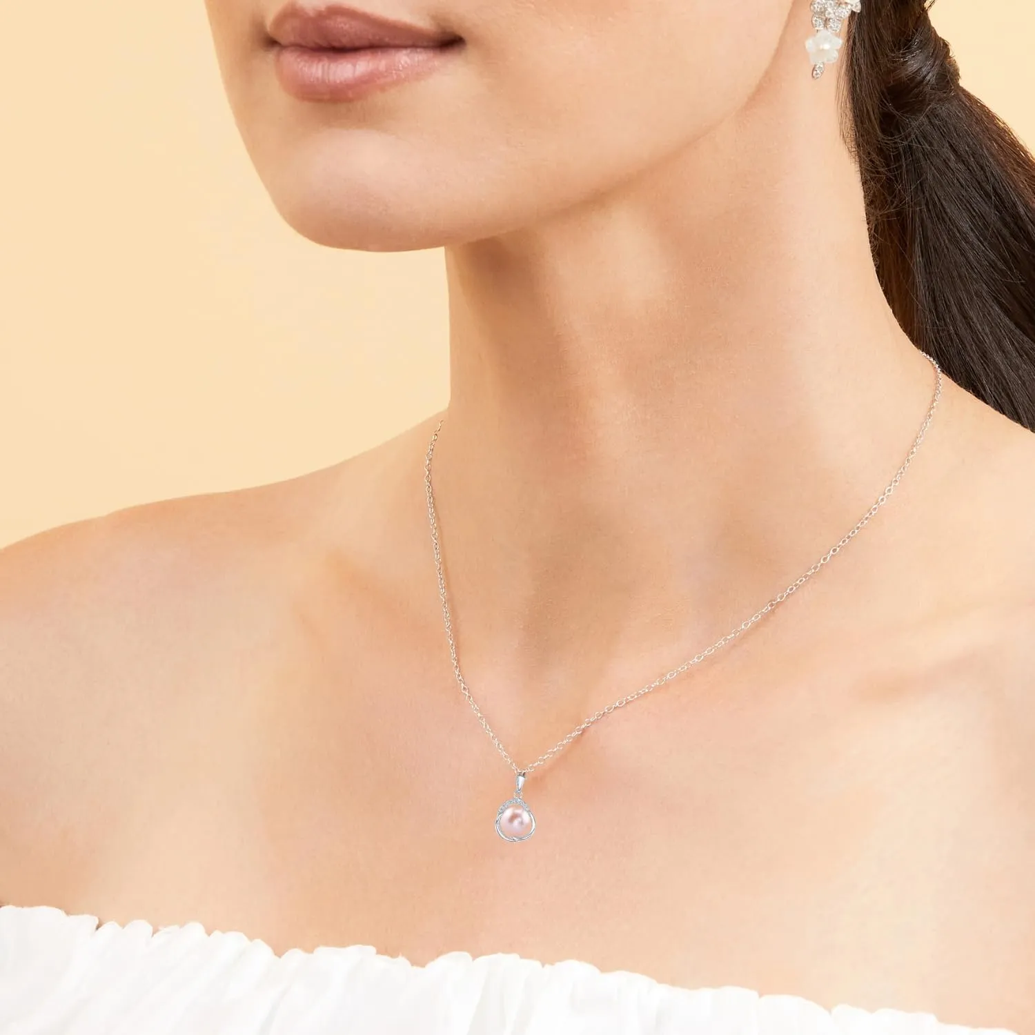 The Pearl Source 9-10mm Genuine Pink Freshwater Cultured Pearl & Cubic Zirconia Johnson Pendant Necklace for Women Pearl Gifts for Christmas, Holidays and Anniversary