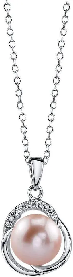 The Pearl Source 9-10mm Genuine Pink Freshwater Cultured Pearl & Cubic Zirconia Johnson Pendant Necklace for Women Pearl Gifts for Christmas, Holidays and Anniversary