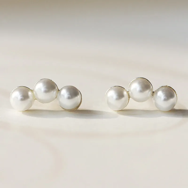 Three Pearls Silver Studs Earrings for Women