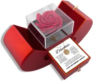 To My Daughter Necklace from Mom,4-Leaf Lucky Preserved Real Rose Necklace for Granddaughter/Sister/Daughter-in-Law/Bonus/Mom/Niece Birthday Mothers'Day