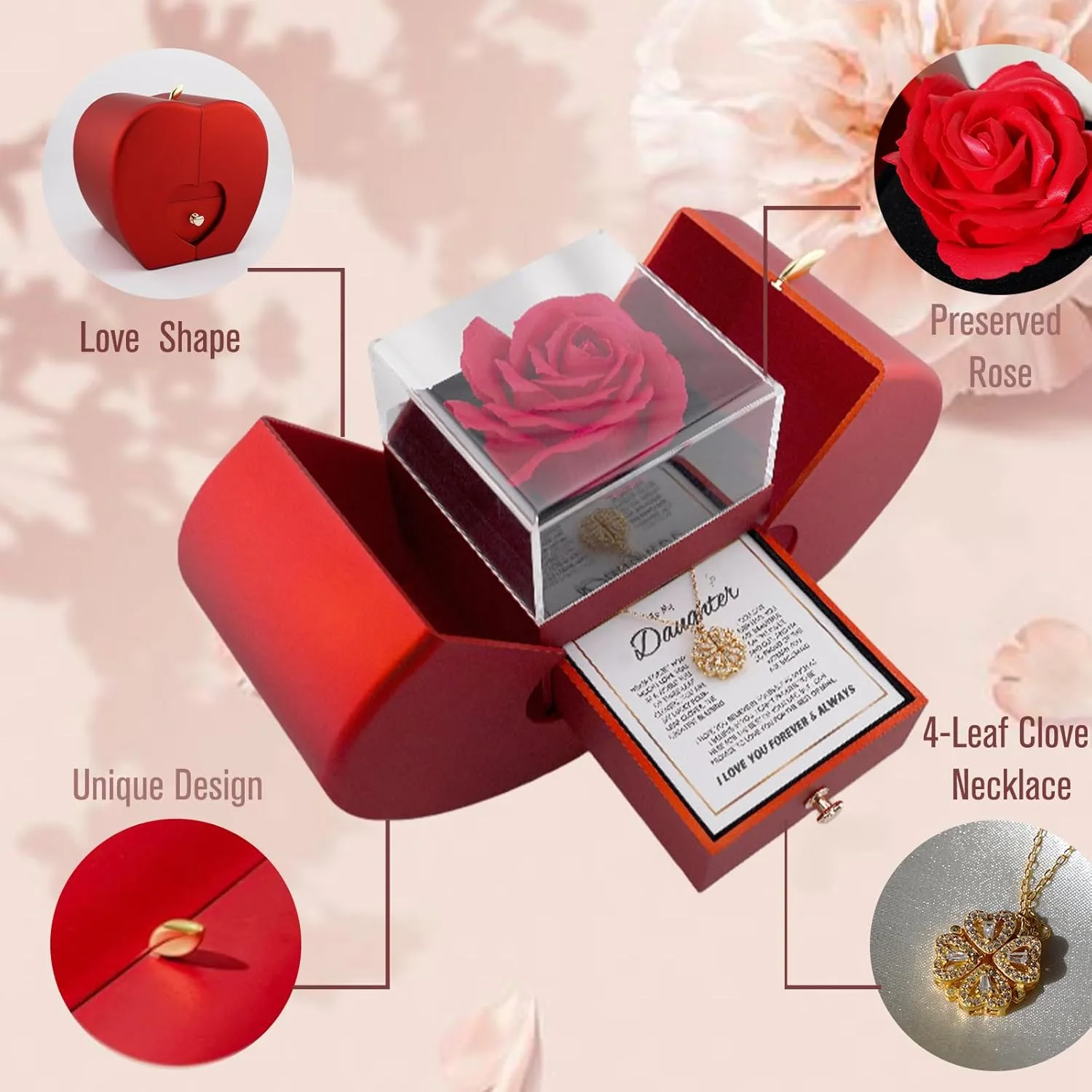 To My Daughter Necklace from Mom,4-Leaf Lucky Preserved Real Rose Necklace for Granddaughter/Sister/Daughter-in-Law/Bonus/Mom/Niece Birthday Mothers'Day