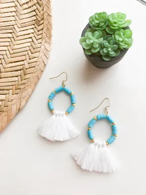 Turquoise Heishi & Gold Beaded Hoop Earrings with White Tassels
