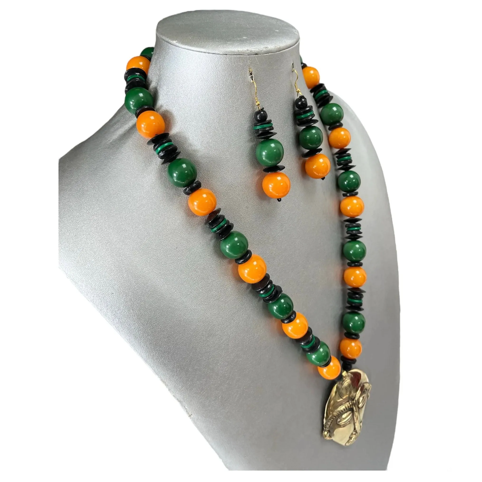 UNISEX Beaded Necklace Set with Brass Face Pendant