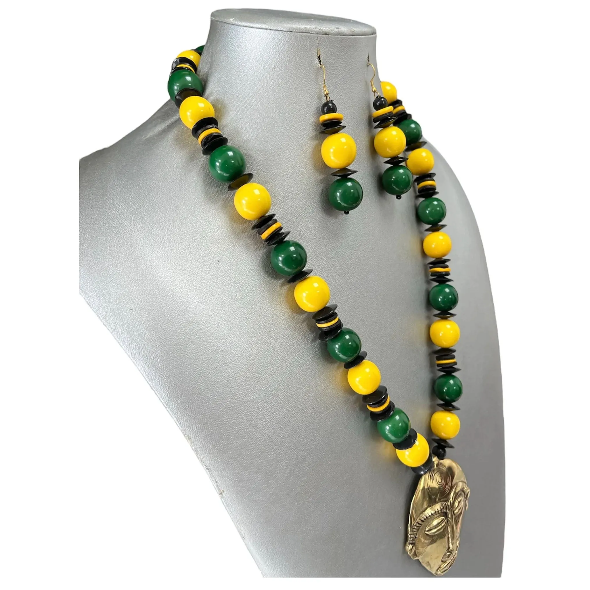 UNISEX Beaded Necklace Set with Brass Face Pendant