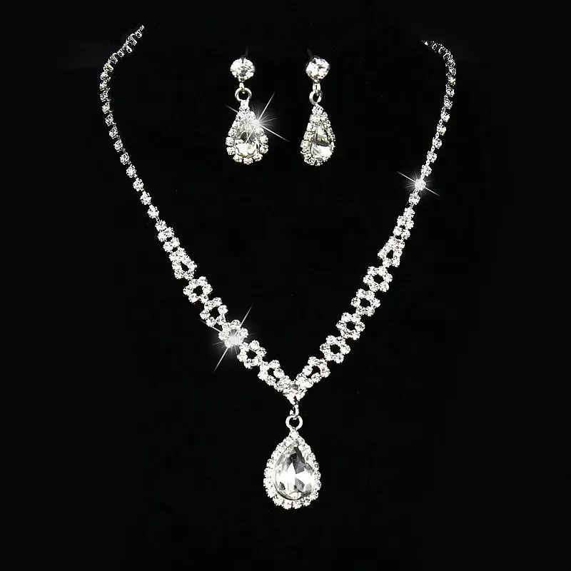 Water Drop Rhinestone Plated Necklace & Earrings Bridal Wedding Jewelry Set