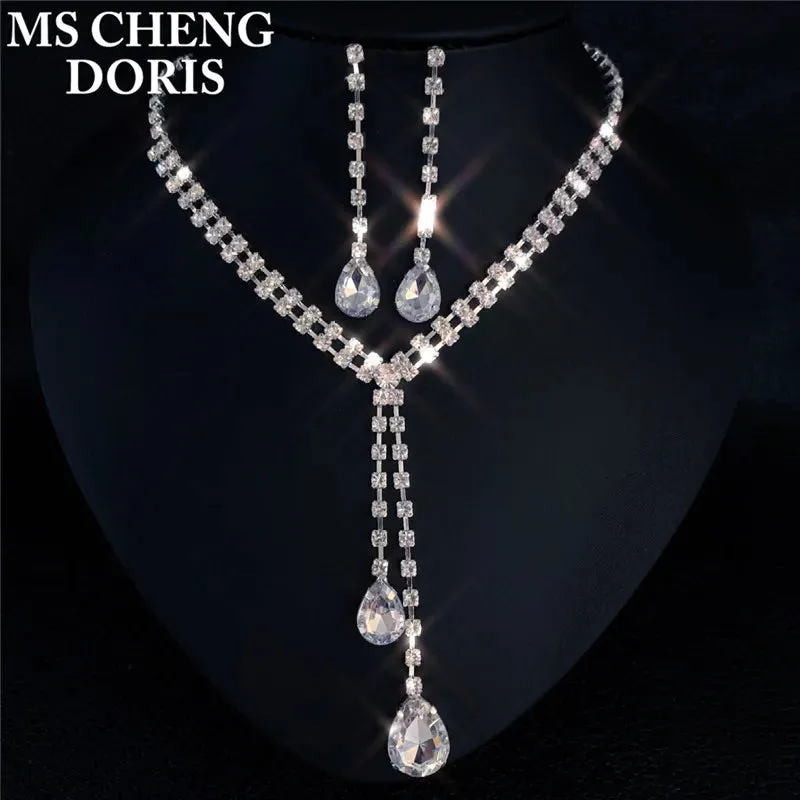 Water Drop Rhinestone Plated Necklace & Earrings Bridal Wedding Jewelry Set