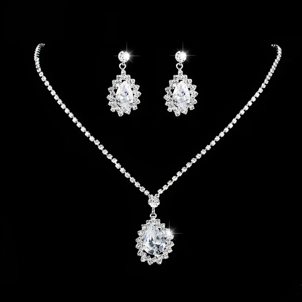 Water Drop Rhinestone Plated Necklace & Earrings Bridal Wedding Jewelry Set