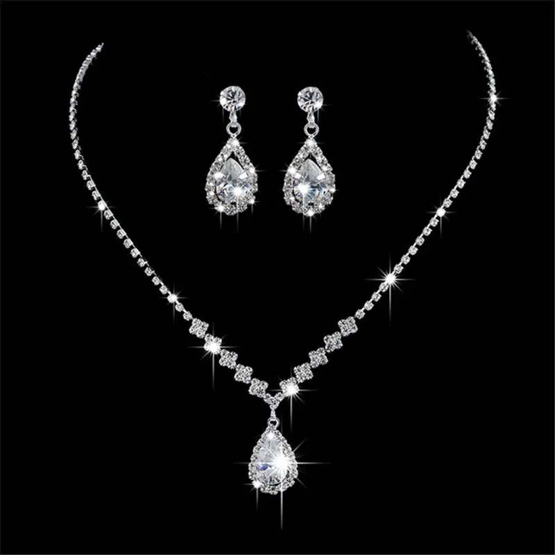 Water Drop Rhinestone Plated Necklace & Earrings Bridal Wedding Jewelry Set