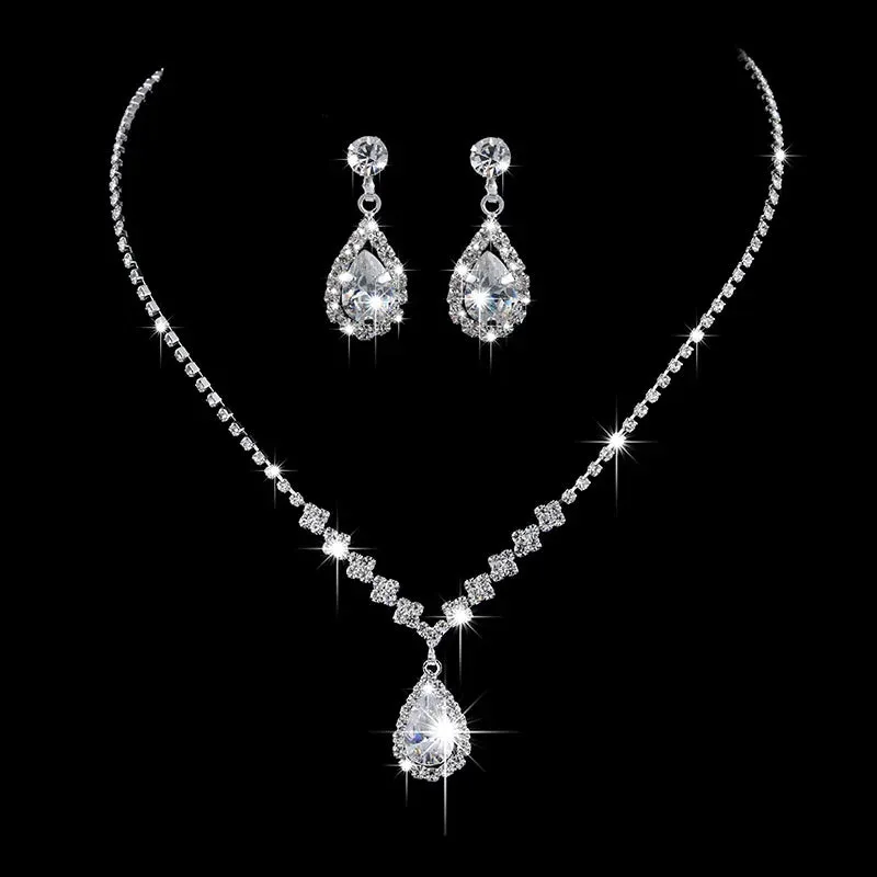 Water Drop Rhinestone Plated Necklace & Earrings Bridal Wedding Jewelry Set
