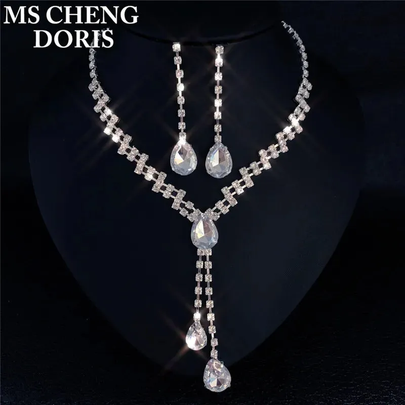 Water Drop Rhinestone Plated Necklace & Earrings Bridal Wedding Jewelry Set