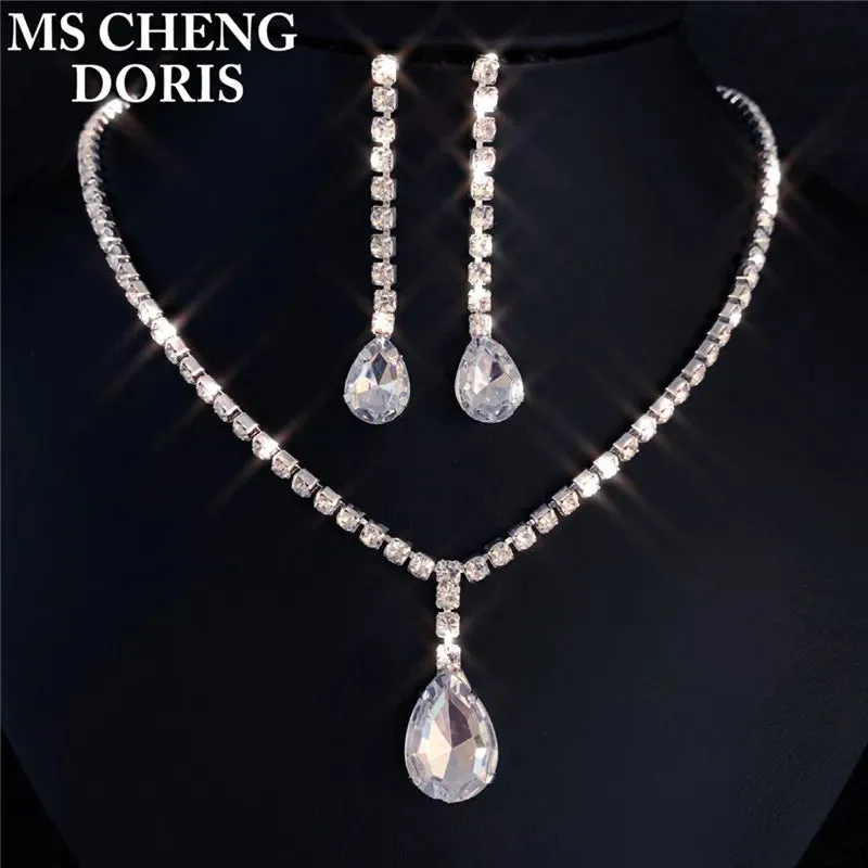 Water Drop Rhinestone Plated Necklace & Earrings Bridal Wedding Jewelry Set