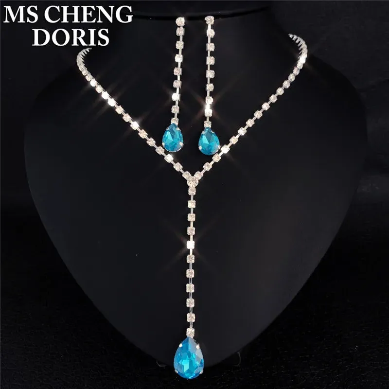 Water Drop Rhinestone Plated Necklace & Earrings Bridal Wedding Jewelry Set