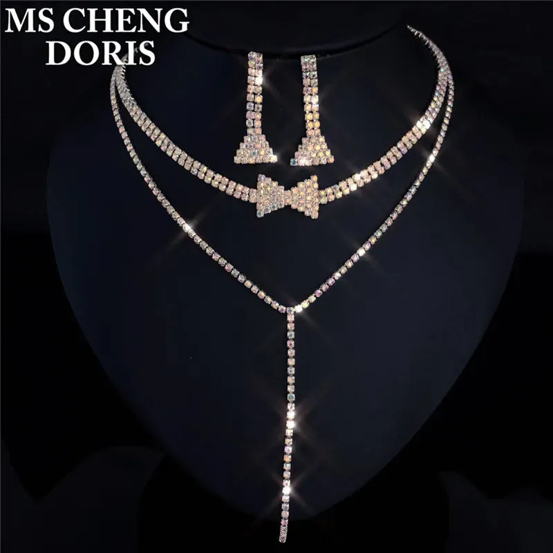 Water Drop Rhinestone Plated Necklace & Earrings Bridal Wedding Jewelry Set