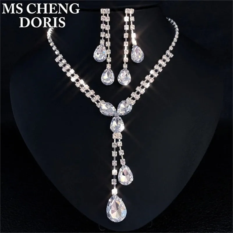 Water Drop Rhinestone Plated Necklace & Earrings Bridal Wedding Jewelry Set