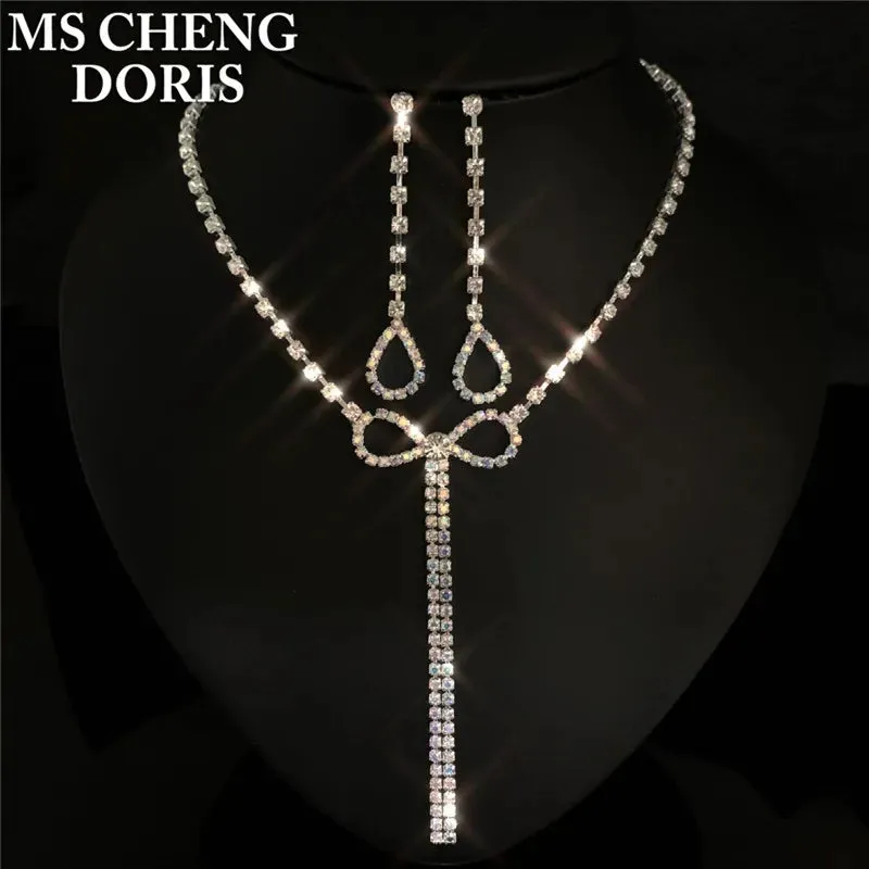 Water Drop Rhinestone Plated Necklace & Earrings Bridal Wedding Jewelry Set