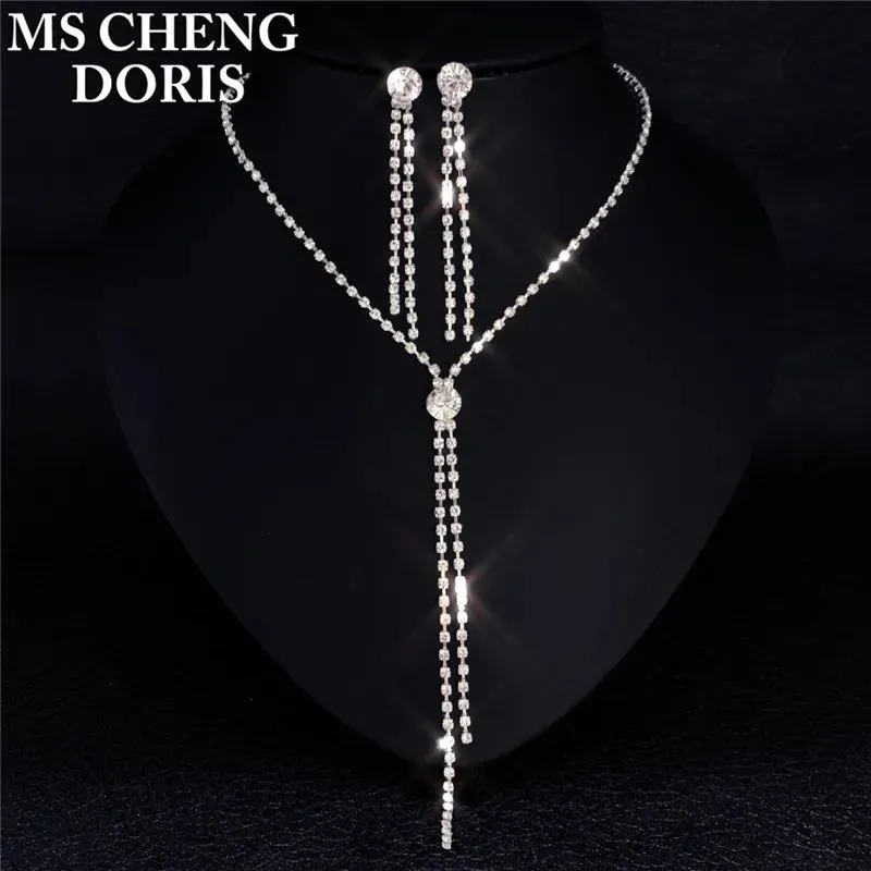 Water Drop Rhinestone Plated Necklace & Earrings Bridal Wedding Jewelry Set