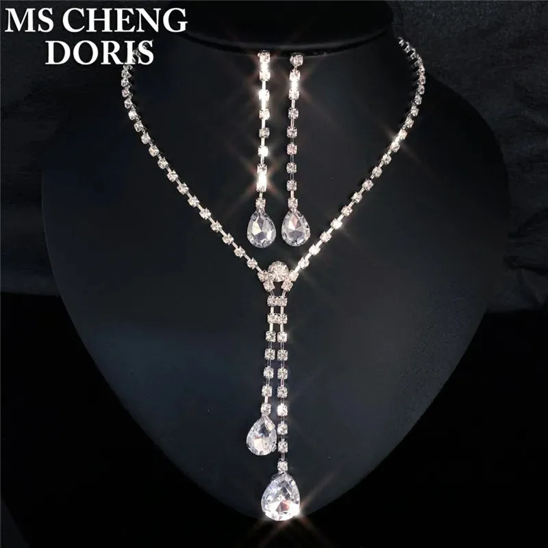 Water Drop Rhinestone Plated Necklace & Earrings Bridal Wedding Jewelry Set