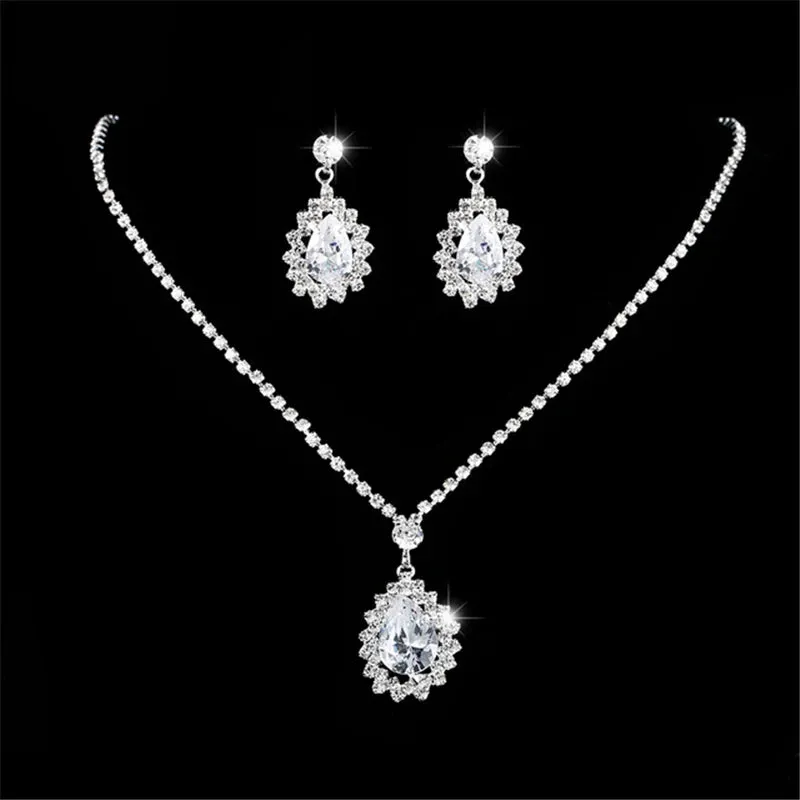Water Drop Rhinestone Plated Necklace & Earrings Bridal Wedding Jewelry Set