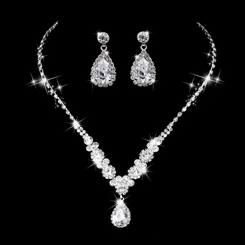 Water Drop Rhinestone Plated Necklace & Earrings Bridal Wedding Jewelry Set