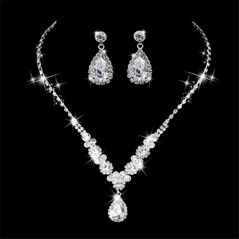 Water Drop Rhinestone Plated Necklace & Earrings Bridal Wedding Jewelry Set