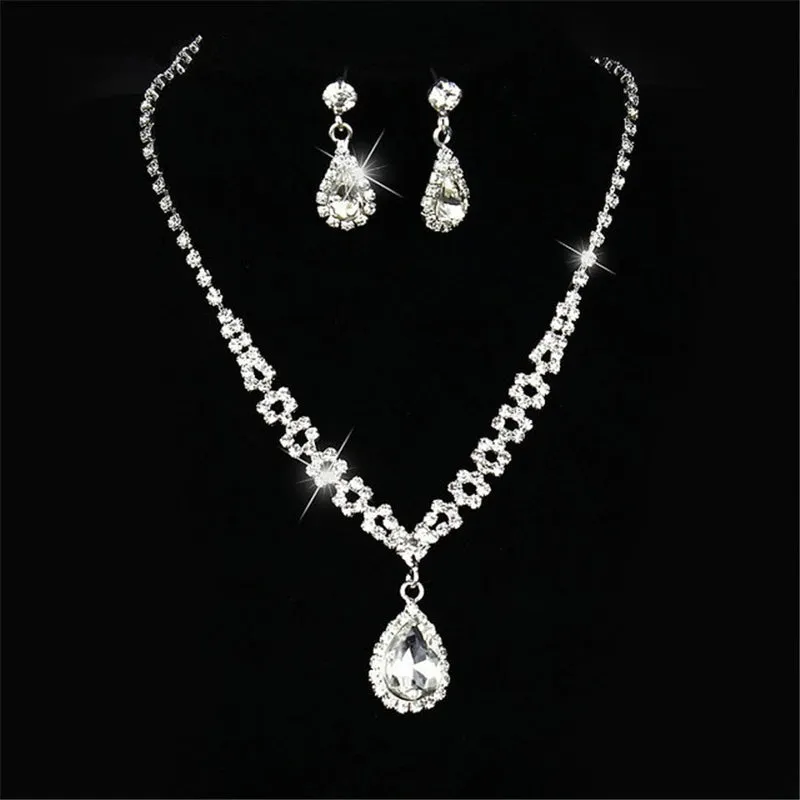 Water Drop Rhinestone Plated Necklace & Earrings Bridal Wedding Jewelry Set