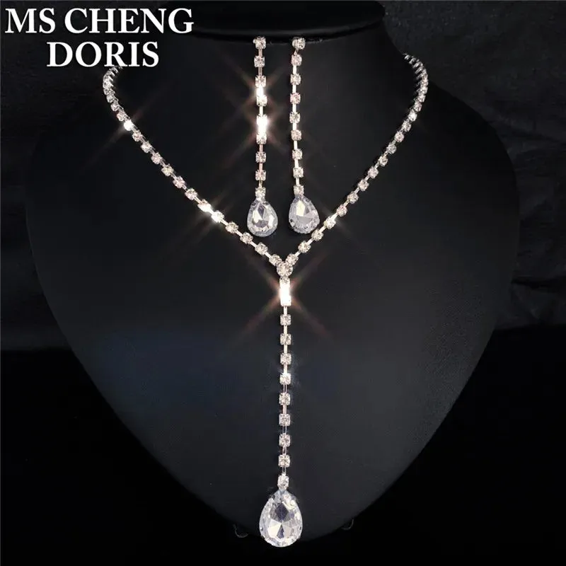 Water Drop Rhinestone Plated Necklace & Earrings Bridal Wedding Jewelry Set