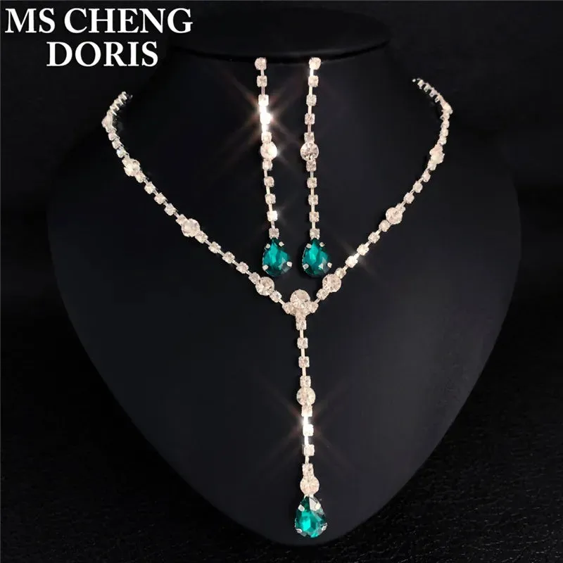 Water Drop Rhinestone Plated Necklace & Earrings Bridal Wedding Jewelry Set