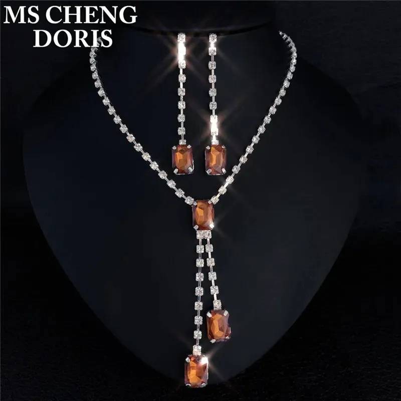 Water Drop Rhinestone Plated Necklace & Earrings Bridal Wedding Jewelry Set