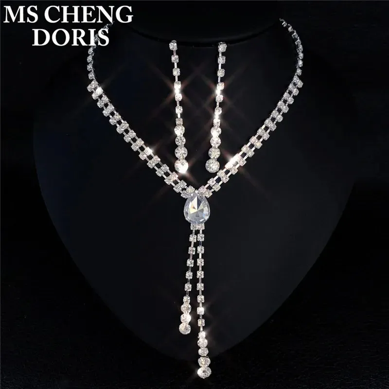 Water Drop Rhinestone Plated Necklace & Earrings Bridal Wedding Jewelry Set