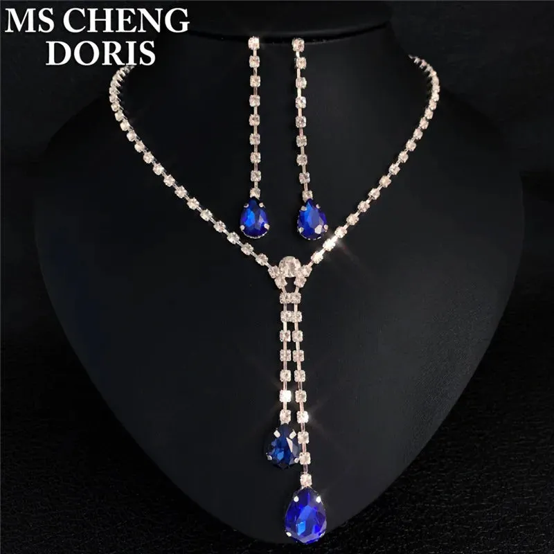 Water Drop Rhinestone Plated Necklace & Earrings Bridal Wedding Jewelry Set