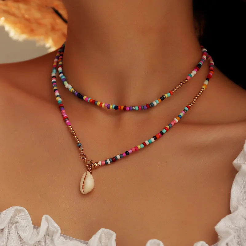 Wholesale Boho Colorful Rice Beads Colorful Shell Alloy Necklace JDC-NE-NZ322
