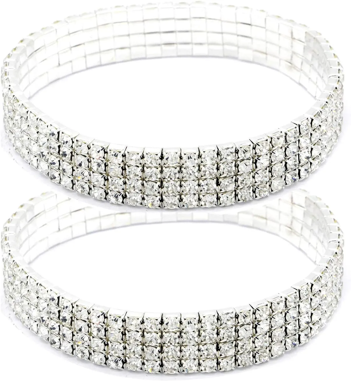 Women Rhinestone Stretch Ankle Bracelet Silver Sparking Tennis Bracelet Crystal Anklet Foot Chain Jewelry (4 Row - 2pcs)