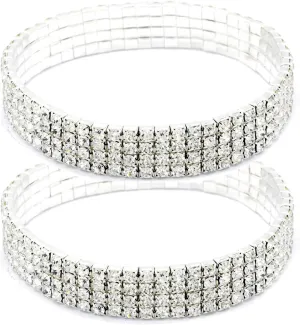 Women Rhinestone Stretch Ankle Bracelet Silver Sparking Tennis Bracelet Crystal Anklet Foot Chain Jewelry (4 Row - 2pcs)